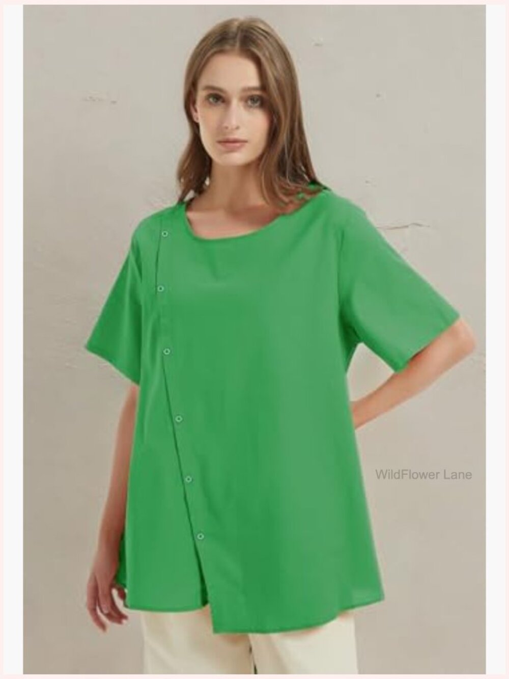Linen Tunic Blouse Short Sleeve Button Front Top - Picture 3 of 4